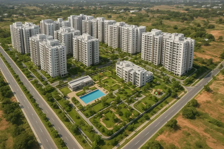 Aerial view of Sattva Sanio towers and landscaped grounds in Budigere, off Old Madras Road, Bengaluru
