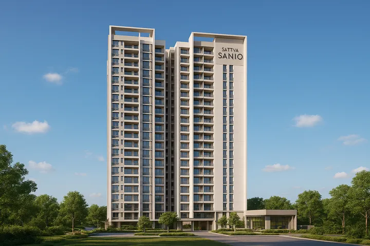 Exterior elevation of Sattva Sanio towers in Budigere, off Old Madras Road, Bengaluru