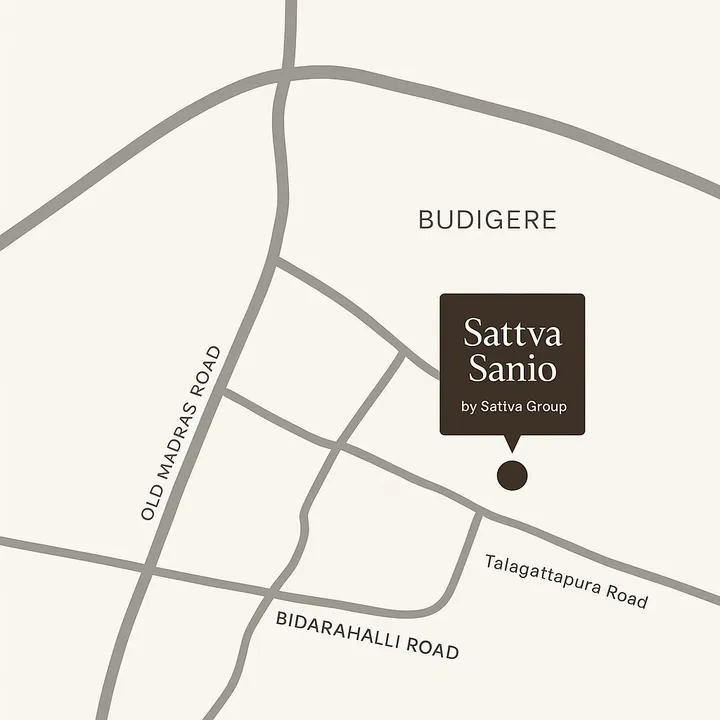 Sattva Sanio location map showing Budigere, off Old Madras Road, Bengaluru and nearby landmarks